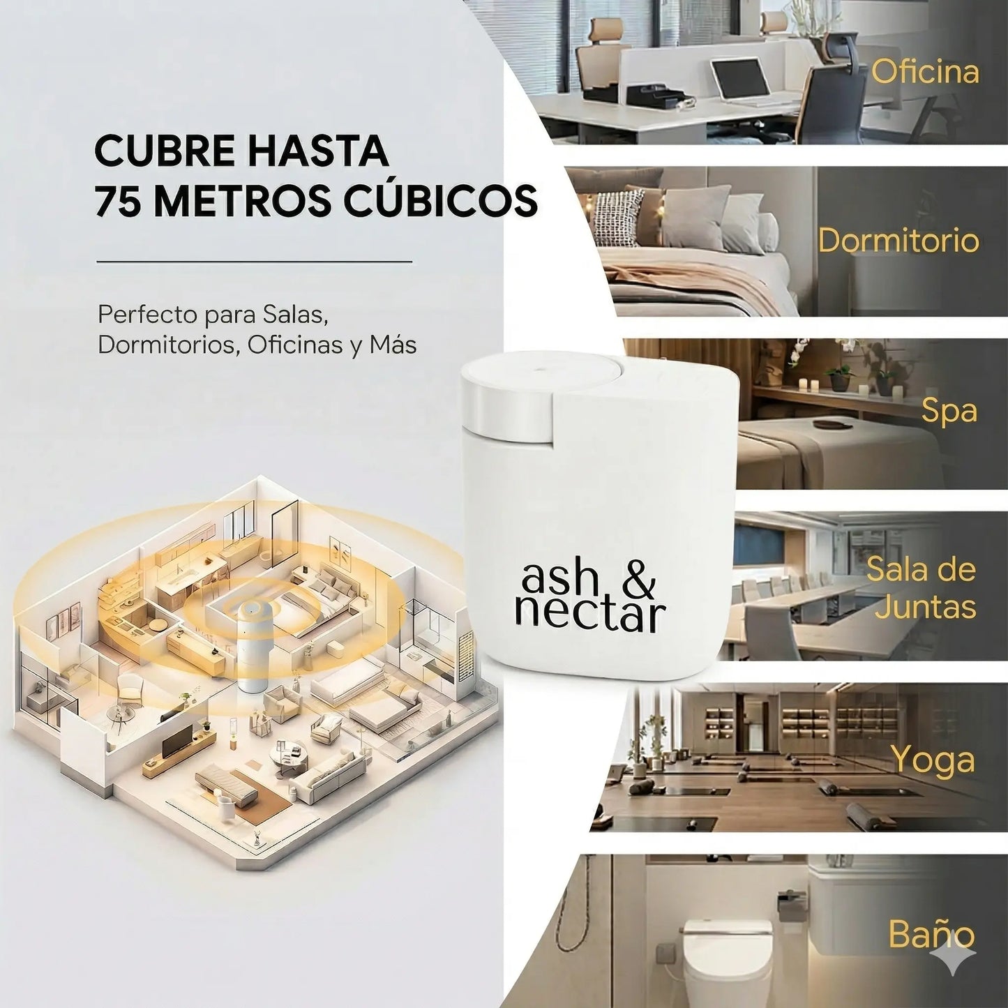Difusor Enchufable Wally · 30 m² · Control Inteligente | Ash & Nectar | Incluye 1 esencia de 125ml de regalo Ash & Nectar