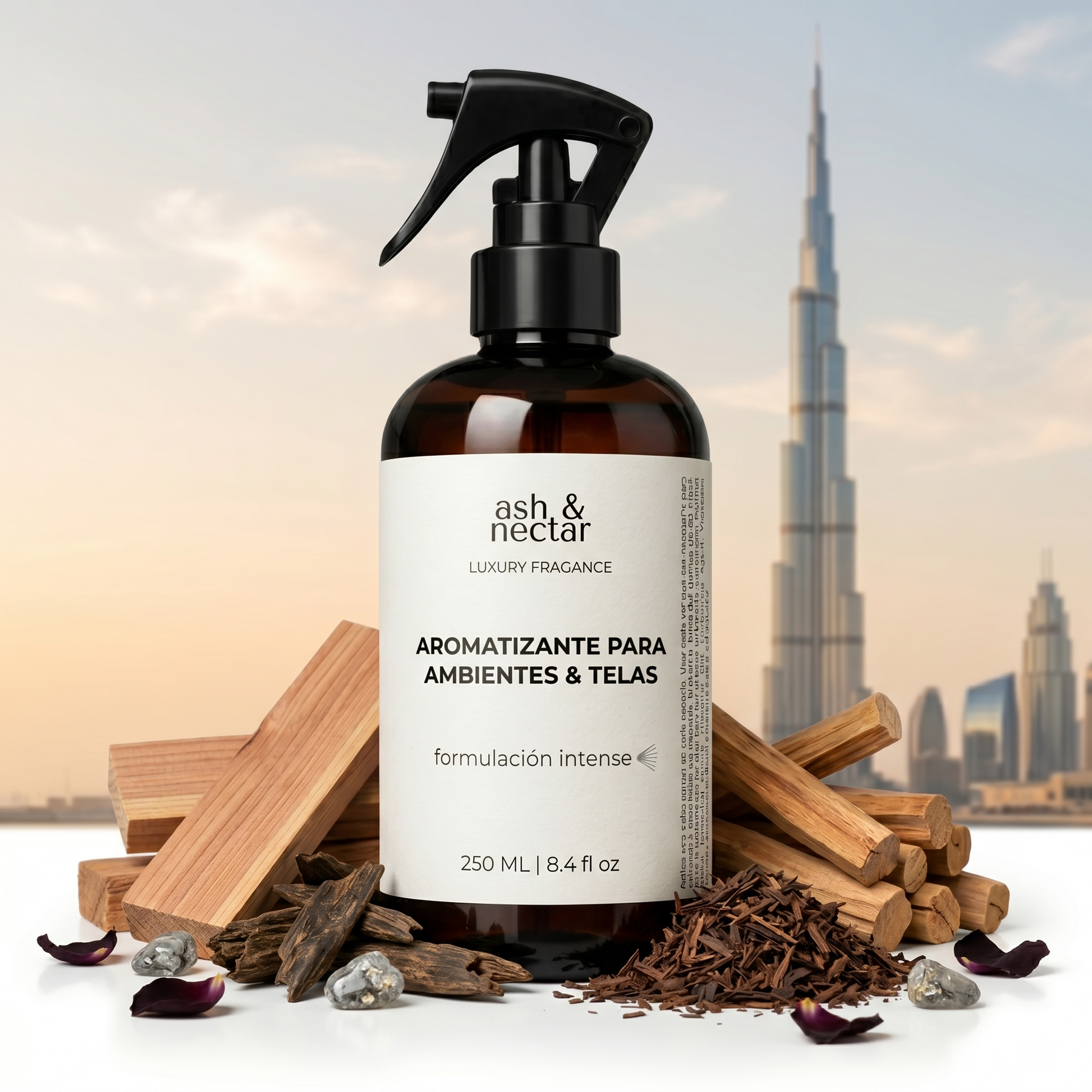Spray Ambiental Dubai Woods Ash & Nectar 250ml — perfume para hogar y telas