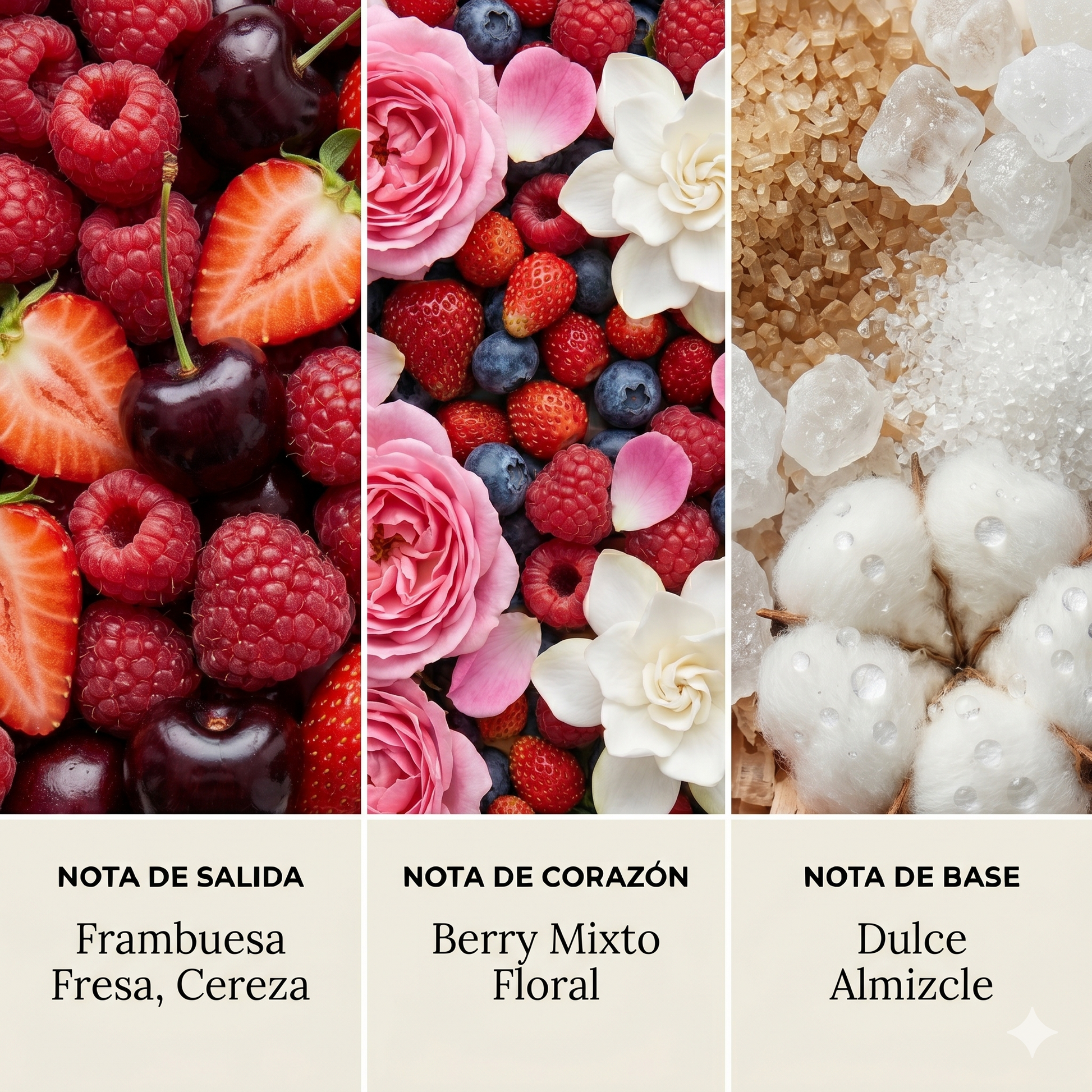 Pirámide olfativa Frutos Rojos — notas de salida corazón y base